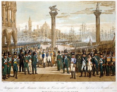 Napoleona I w Wenecji 29 listopada 1807 r. przed włoską marynarką wojenną. Rycina z 1845 r. autorstwa Unknown artist
