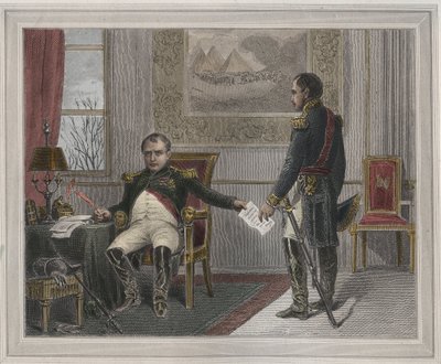Napoleon podpisujący swoją abdykację 1814 - Napoleon Bonaparte (1769-1821) w Fontainebleau podczas swojej pierwszej abdykacji, podpisany w kwietniu 1814 r. Rycina w „Les Fastes Populaires, ou Histoire des act heroiques du peuple et de son influence sur les autorstwa Unknown artist