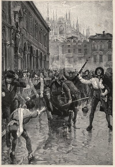 Abdykacja Napoleona zachęca do zamieszek w Mediolanie, a Giuseppe Prina, niepopularny minister finansów, jest ciągnięty po ulicach i ostatecznie zabity przez tłum na Piazza San Fedele w Mediolanie, 20 kwietnia autorstwa Unknown artist