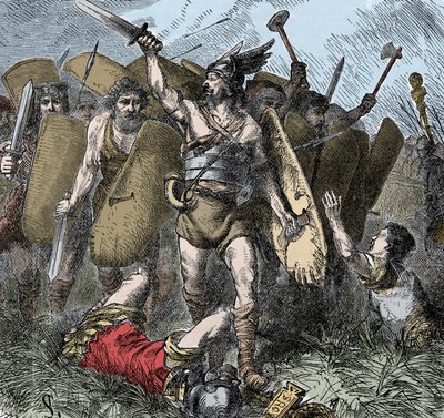 Narses pokonuje Ostrogotów - najazdy barbarzyńców: Narses (478-573) bizantyjski generał, eunuch, zwycięskiego cesarza Justyniana I przeciwko Ostrogotom w bitwie pod Taginae, Włochy, w roku 552. Kolorowanie ryciny z XIX wieku autorstwa Unknown artist