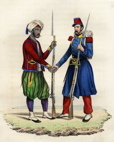 Rodowici i francuscy myśliwi armii francuskiej Afryki w Algierii w 1830 r. W „”Storia d