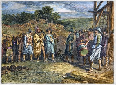 Rdzenna ludność Ameryki: Indianie. Osadnicy spotkali Massasoita (1590-1661) znanego również jako Ousamequin „Żółte Pióro” wodza plemienia Wampanoag, kolonia Plymouth, lata 1620. Przywódca Wampanoag Massasoit odwiedza kolonistów w Plymouth autorstwa Unknown artist