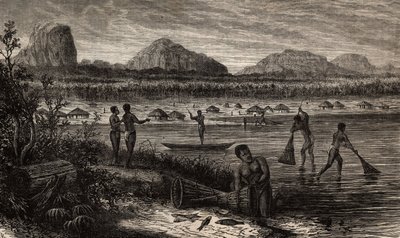 W pobliżu zaćmy Rovuma (Mozambik), połowy ryb. Grawerowanie ilustrujące pierwsze podróże dr Livingstone