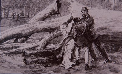 Ned Kelly schwytany przez policjanta Kelly i kolejarza Jesse Dowsett, 28 czerwca 1880 (grawerowanie) autorstwa Unknown artist