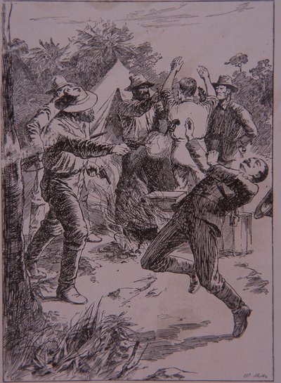 Ned Kelly zabija policjanta Lonigana w Stringybark Creek w 1878 roku (grawerowanie) autorstwa Unknown artist