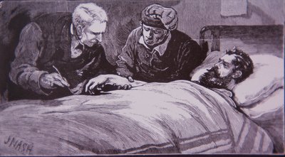 Ned Kelly leży ranny w więziennym szpitalu w Melbourne po schwytaniu przez policję w dniu 28 czerwca 1880 roku (grawerowanie) autorstwa Unknown artist