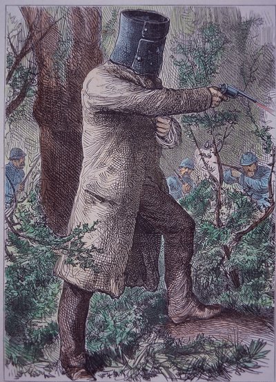 Ned Kelly, ubrany w charakterystyczną zbroję, w ostatecznej konfrontacji z policją, 28 czerwca 1880 (kolorowy grawerunek) autorstwa Unknown artist