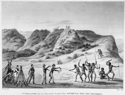 New Holland, Bay of Marine Dogs, półwysep Peron: wywiad z Indianami (spotkanie Aborygenów z osadnikami) - rycina, deb. 19 wiek autorstwa Unknown artist