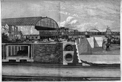 Sekcja New Thames Wharf w Londynie, Anglia, wskazująca: 1. Górną podziemną trasę dla rur wodociągowych i gazowych oraz przewodów telegraficznych; 2. Kanalizacja cylindryczna; 3. Kolej metropolitalna; 4. Kolej atmosferyczna. Grawerowanie w „”Wspaniałym wsze autorstwa Unknown artist