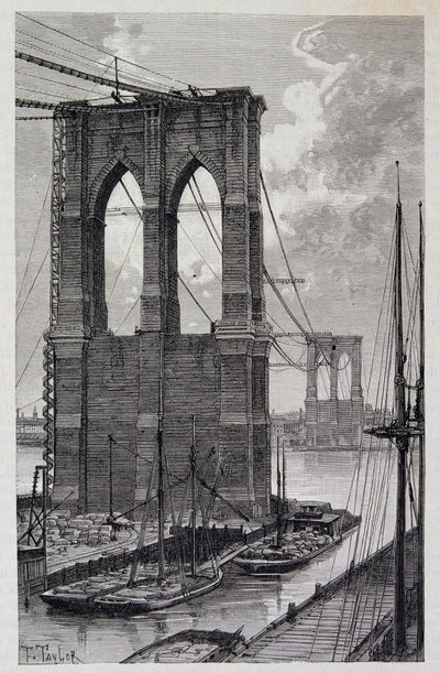 Nowy Jork: Pale Brooklyn Bridge w budowie - w „The World Tour”, 2 semestr 1881 autorstwa Unknown artist