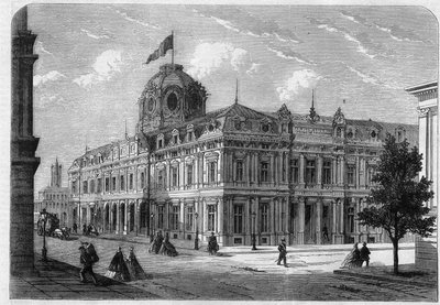 Nowy dwór handlowy Paris Quai de Corse (dawniej Quai Desaix) na Ile de la Cite, zbudowany według planów architekta Antoine Nicolas Louis Bailly (1810-1892) za zgodą prefekta Georgesa Eugene