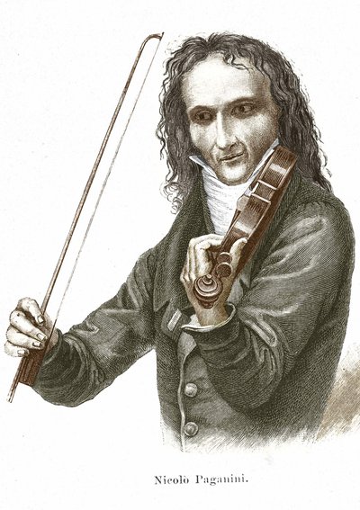 Niccolo Paganini (1782 - 1840) gra na swoim Stradivariusie (skrzypcach stworzonych przez włoskiego lutnika Antonio Stradivariego). autorstwa Unknown artist