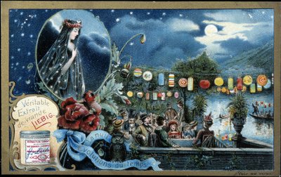 Nocna, nocna impreza oświetlona latarniami, nad jeziorem - chromolitografia Liebiga autorstwa Unknown artist