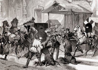 Nihilizm w Rosji - Próba zabójstwa Aide de Camp, generała Lorisa Melikoffa (Loris-Melikoff), przed drzwiami jego hotelu w Wielkiej Moskai w 1880 roku - Rosyjski ruch nihilistów w XIX wieku: zamach na hrabiego L autorstwa Unknown artist