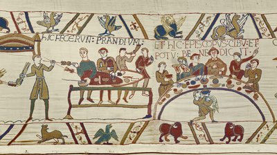 Słudzy normańscy przygotowują bankiet dla Williama, a biskup Odo błogosławi posiłek, gobelin z Bayeux (haft z wełny na płótnie) autorstwa Unknown artist