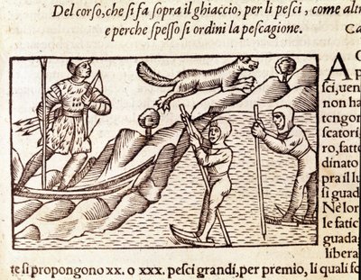 Norwescy myśliwi poruszający się po nartach. rycina Olausa Magnusa (1490 - 1557), szwedzkiego zakonnika i geografa, „Historia de Gentis Septentrionalibus”, Wenecja autorstwa Unknown artist