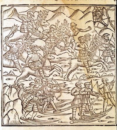Norwescy myśliwi podróżujący na nartach i reniferach. Grawer Olausa Magnusa (1490 - 1557), szwedzkiego zakonnika i geografa, „Historia de Gentis Septentrionalibus”, Wenecja autorstwa Unknown artist