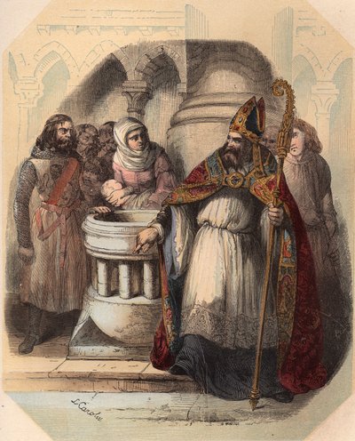 Notger (930-1008) (Notker z Liege), wigilia Liege, podczas chrztu Ottona III (980-1002), króla Niemiec. Rycina z 1868 r. w „Histoire de Belgique od czasów pierwotnych do końca panowania Leopolda I”” autorstwa Theodore’a Juste (1818-1888). Prywat autorstwa Unknown artist