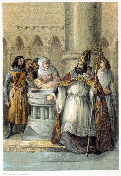 Notger (930 - 1008), wigilia Liege, podczas chrztu Ottona III (980-1002), króla Niemiec. Chromolitografia XIX wieku. autorstwa Unknown artist