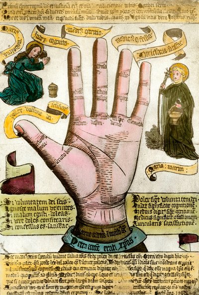 Nauki okultystyczne: ręka z liniami do czytania przyszłości. Talerz wyciągnięty z chiromancji autorstwa Unknown artist