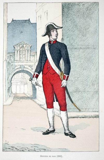Oficer Pokoju (1802). Akwaforta w kolorach, dla ilustracji „Historia korpusu sił pokojowych””” książka wydana pod patronatem Louisa Lepine’a (1846-1933) prefekta policji nad Sekwaną, autorstwa Alfreda Reya (1864-?) i Louisa Ferona (1862) -?), autorstwa Unknown artist