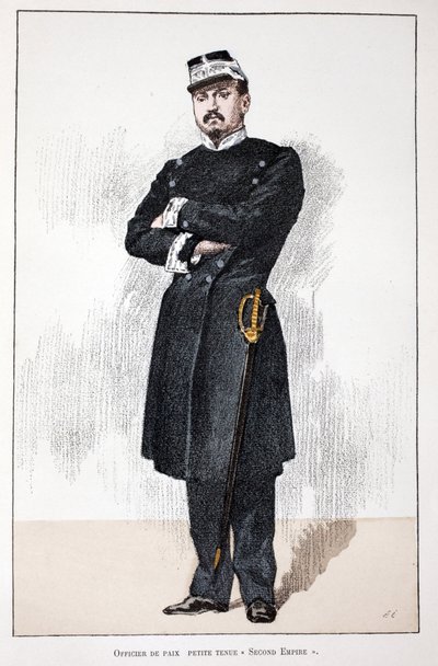 Oficer Pokoju, Mała Sukienka Drugiego Cesarstwa (1852-1870). Akwaforta w kolorach, dla ilustracji „Historia Korpusu Strażników Pokoju””” wydana pod patronatem Louisa Lepine’a (1846-1933) prefekta policji nad Sekwaną, autorstwa Alfreda Reya (186 autorstwa Unknown artist