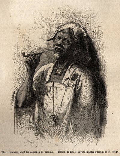 Stary Bambara, wódz plemienia w Yaminie (Niger), palący fajkę i noszący tradycyjne okrycie wodza swojego plemienia. Rycina ilustrująca podróż do Sudanu Zachodniego porucznika (marynarki) M.Mage, w latach 1863-1866, opublikowana w „Le tour du monde, nouveau autorstwa Unknown artist