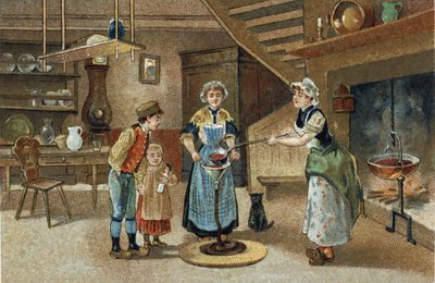 Stary zwyczaj obchodzony w regionie Dauphiné: La boudinée. Chromolitografia z końca XIX wieku. autorstwa Unknown artist