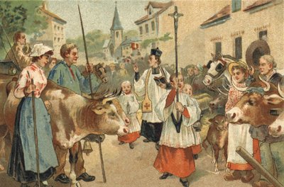 Stary zwyczaj obchodzony w regionie Nivernais: błogosławieństwo stad. Chromolitografia z końca XIX wieku. autorstwa Unknown artist