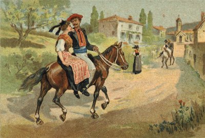 Stary zwyczaj obchodzony w regionie Prowansji: zgromadzenie Camarguais. Chromolitografia z końca XIX wieku. autorstwa Unknown artist
