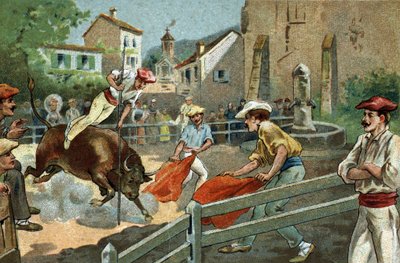 Stary zwyczaj obchodzony w regionie Biskaj: wyścigi Landaise w wiosce. Chromolitografia z końca XIX wieku. autorstwa Unknown artist