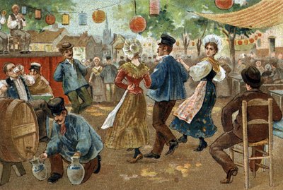 Stary zwyczaj obchodzony w regionie Flandrii: Jarmark flamandzki. Chromolitografia z końca XIX wieku. autorstwa Unknown artist