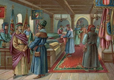 Stare centra handlowe: hala bieliźniana w Brugii, Belgia w XV wieku. Chromolitografia z końca XIX wieku autorstwa Unknown artist