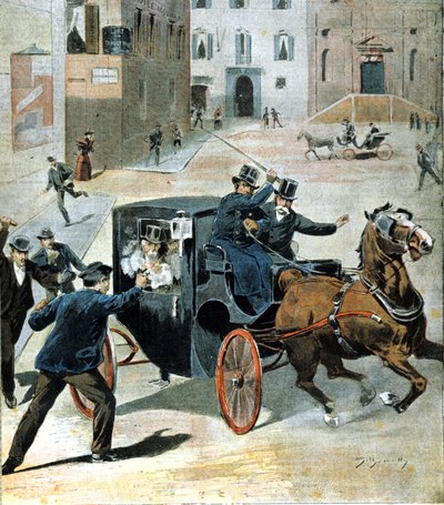 16 czerwca 1894 r. w Rzymie anarchista Paolo Lega strzelił z rewolweru do Francesco Crispiego, przewodniczącego Rady Włoskiej. Ilustracja okresu. autorstwa Unknown artist