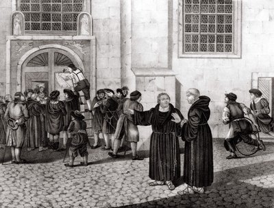 31.10.1517 r. Luter wywiesił na bramach zamku wittenberskiego 95 tez „” potępiających sprzedaż odpustów i które zapoczątkowały reformację – grav. autorstwa Unknown artist