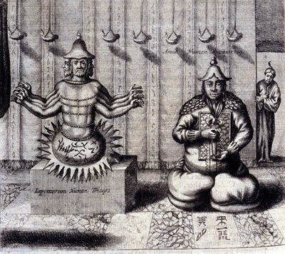 Po lewej hinduskie bóstwo ma osiem ramion, po prawej Amida, japoński Budda. „De China Monumenta” Athanasius Kircher (1601 - 1680), jezuita, orientalista i niemiecki uczony, Amsterdam 1667. autorstwa Unknown artist
