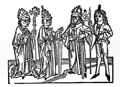 Po lewej: biskup, papież, cesarz i szlachetny jeździec. Główni przedstawiciele klas społecznych epoki feudalnej. Grawer z „Leben der Heiligen - sommerteil” (Księga świętego) Jakuba (Jakuba) z Voragine (1228-1298). Lu autorstwa Unknown artist