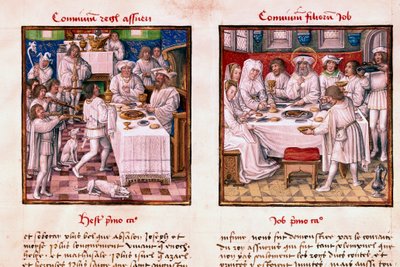 Po lewej święto Aswerusa 1. (Kserkses 1.). Po prawej święto dzieci Hioba. Miniatura z rękopisu „Le Miroir de l