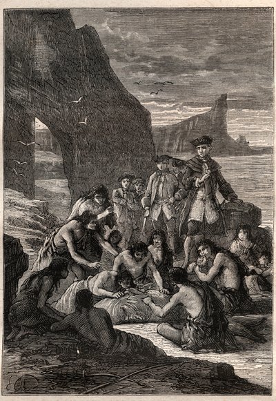 Jeden z nich rozdzielił się zębami: wiceadmirał John Byron (1723-1786) na jednej z wysp Detroit Magellana - mieszkańcy Ziemi Ognistej (mieszkańcy Ziemi Ognistej) demontują zębami wieloryba rozdartego i skamieniałego na plaży - chory autorstwa Unknown artist