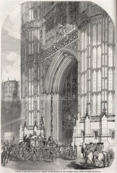 Otwarcie nowego parlamentu - przybycie Jej Królewskiej Mości pod wieżę Victoria, House of Lords 1852 autorstwa Unknown artist