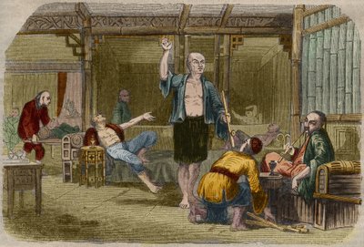 Palacze opium w Chinach w połowie XIX wieku. Grawer z 1857 roku w „Le Musee Des Sciences”” autorstwa Unknown artist
