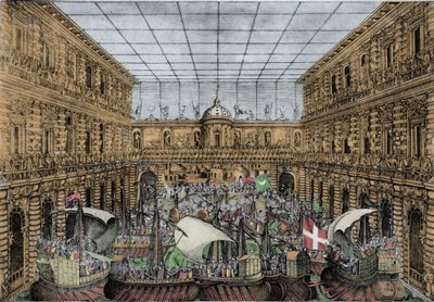 Orazio Scarabelli, Pokaz bitew morskich (naumachia) wznosi się na dziedzińcu Palazzo Pitti we Florencji (Pałac Królewski Medyceuszy, Wielcy Książęta Toskanii) Naumachia na dziedzińcu Palazzo Pitti, Florencja autorstwa Unknown artist