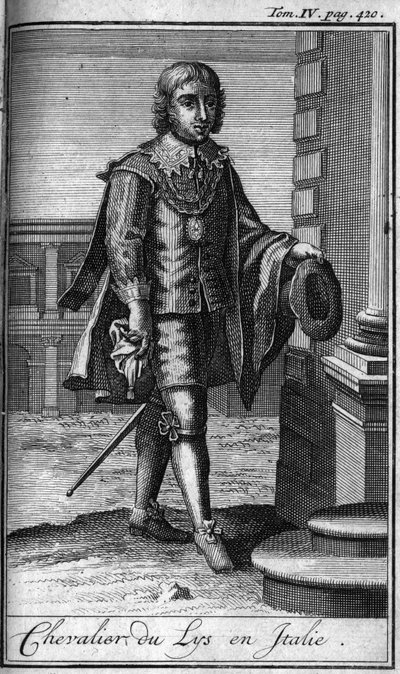 Ordery rycerskie. Rycerz lilii we Włoszech. W „”Historii zakonów rycerskich czy rycerskich, bezpiecznych i rutynowych milicji obojga płci, które powstały do tej pory. Wydanie zaczerpnięte z Abbe Giustiniani, R.P.Bonani, M. Herman, Schoonebeek, R.P.H autorstwa Unknown artist