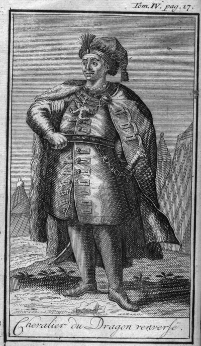 Ordery rycerskie. Rycerz smoka przewraca. W „”Historii zakonów rycerskich czy rycerskich, bezpiecznych i rutynowych milicji obojga płci, które powstały do tej pory. Wydanie zaczerpnięte z Abbe Giustiniani, R.P.Bonani, M. Herman, Schoonebeek, R.P. autorstwa Unknown artist