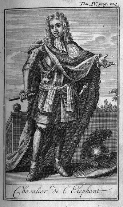 Ordery rycerskie. Słoni rycerz w Danii w XV wieku. W „”Historii zakonów rycerskich czy rycerskich, bezpiecznych i rutynowych milicji obojga płci, które powstały do tej pory. Wydanie zaczerpnięte z Abbe Giustiniani, R.P.Bonani, M autorstwa Unknown artist
