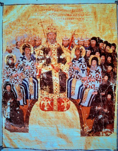 Religia prawosławna: „” Cesarz bizantyjski Jan VI Kantakuzen (1293-1354) przewodniczący soboru w Konstantynopolu 18.05.1351”” Miniatura zaczerpnięta z „”Prac teologicznych”” 1370-1375 Paryż, B.N. autorstwa Unknown artist
