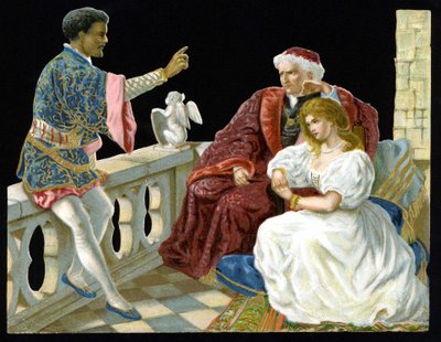 Otello, Desdemona i Iago - w Otello lub Maur wenecki” Szekspira (1604). Chromolitografia XIX wieku.” autorstwa Unknown artist