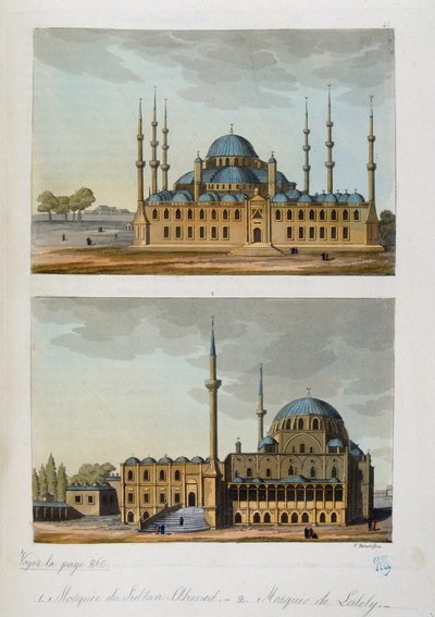 Imperium Osmańskie: Błękitny Meczet (lub Sultanahmet Camii) zbudowany przez Sułtana Ahmeta (Ahmeda) I i Meczet Laleli w Stambule - w „”Starożytny i współczesny kostium””” Ferrario, ed. Mediolan autorstwa Unknown artist
