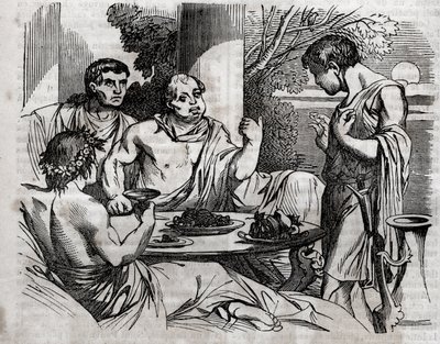 Scena biesiady plenerowej - Witeliusz (Aulus Vitellius Germanicus Imperator August) Cesarz rzymski (15-69) wydający ucztę - grawer w „”Zdrowie powszechne – Poradnik medyczny dla rodzin”” 1852 autorstwa Unknown artist