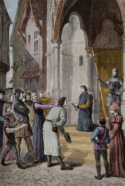 PERKIN WARBECK (ok. 1474-1499) flamandzki oszust; uważany za Ryszarda, księcia Yorku, drugiego z synów Edwarda IV – Czytanie jego spowiedzi przed Westminster Hall w Londynie autorstwa Unknown artist